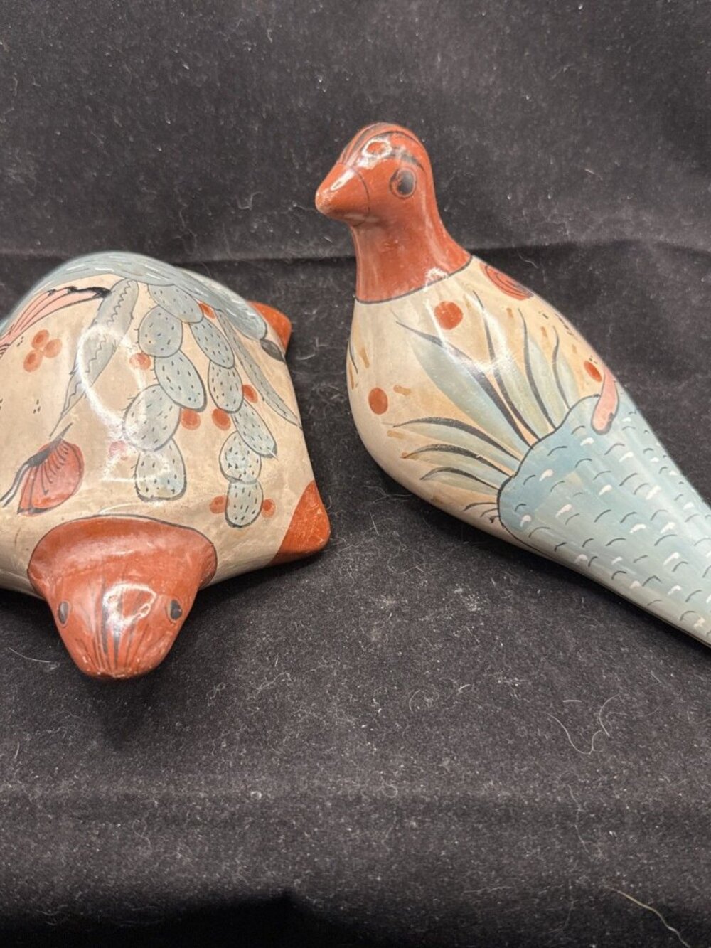 Set Of 2 Tonala Hand Painted Mexican Pottery Turtle And Dove Folk Art Figurine